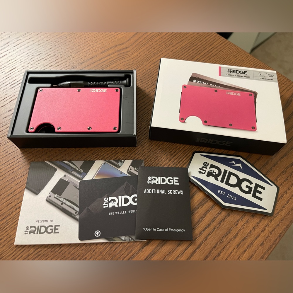 Ridge Wallet - Flamingo - and Apple Air tag case with cash strap - RFID blocking